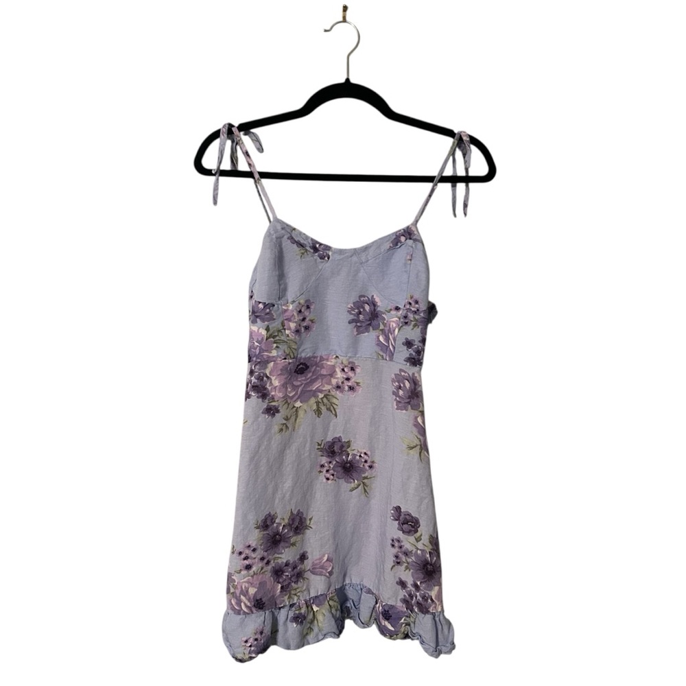 Forever21 Tie Strapped Blue & Purple Linen/Rayon Floral Mini Dress Size Medium